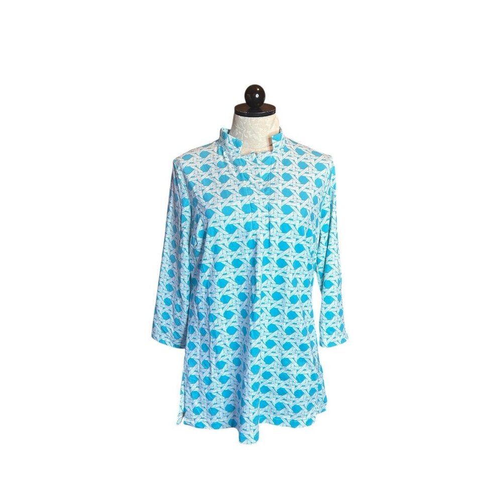 Elizabeth McKay Preppy Costal Beach Turquoise & White Print Dress Collar Sz L